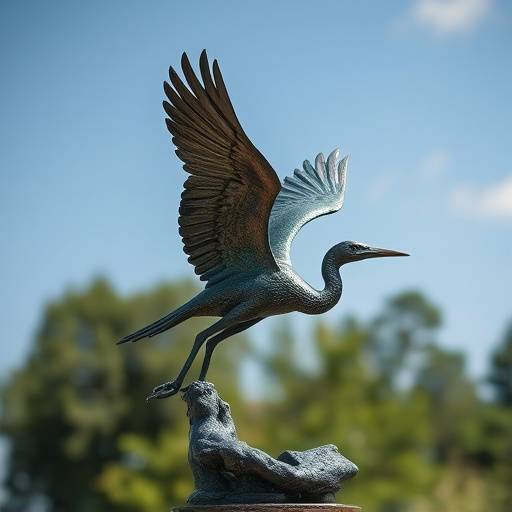 A bronze sculpture of a heron in flight