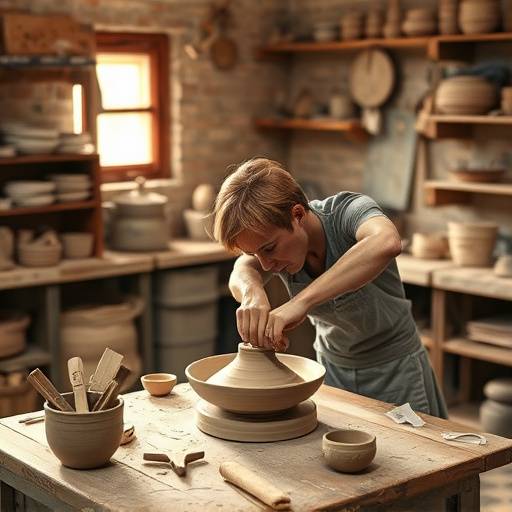 A participant carefully shaping clay during a pottery workshop, with various tools and finished pieces visible in the background.