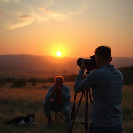A photography workshop outdoors, with participants capturing images of landscapes using professional cameras, and the instructor offering tips on composition and lighting.