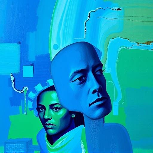 An abstract acrylic painting with vibrant blues and greens