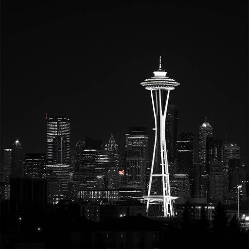 Black and white photograph of the  skyline at night.