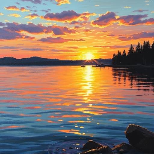 Close-up of an oil painting depicting Puget Sound at sunset