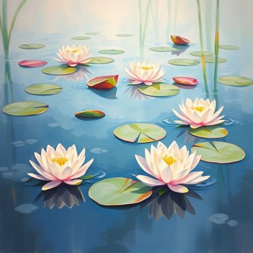 Example of Impressionism painting featuring water lilies and soft brushstrokes