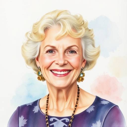 Portrait of Evelyn Hayes, a watercolor artist, smiling warmly