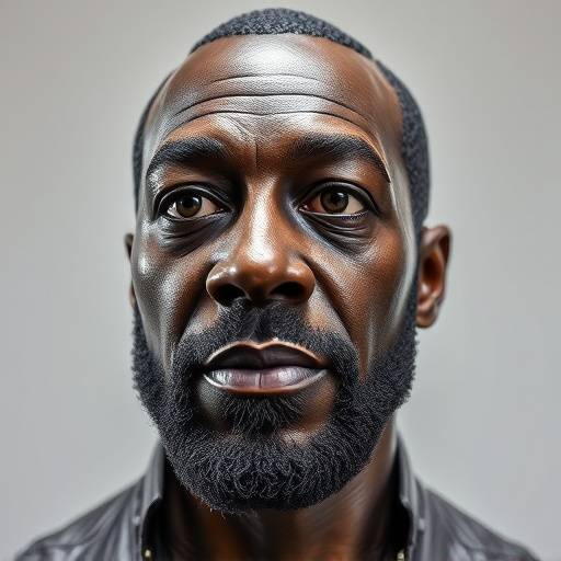 Portrait of Marcus Johnson, a sculptor, standing next to a metal sculpture