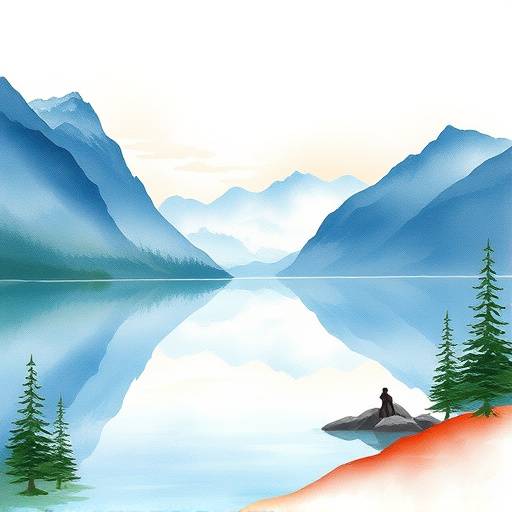 Watercolor painting of a serene landscape with mountains and a lake